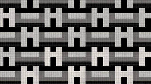 Repeating seamless geometric interlocking pattern in monochrome shades of black gray and white with textured woven fabric effect shows modern abstract textile background design
