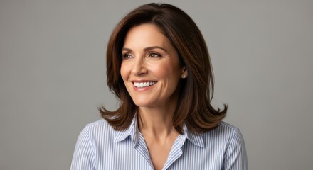 Fototapeta premium Portrait of a Confident Middle-Aged Woman Smiling and Looking Away Against a Neutral Grey Background