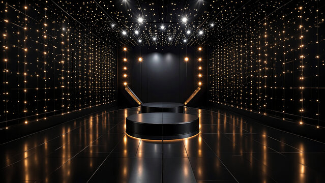 Black cylindrical podium on reflective floor. Grid pattern background with warm light dots and ceiling spotlights. Empty stage for brand product display in futuristic setting.