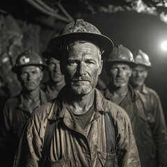 Fototapeta premium Portrait of a determined coal miner in a dark mine shaft.
