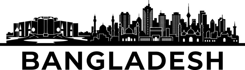 Obraz premium Minimalist black and white skyline silhouette of bangladesh featuring iconic city architecture and urban landmarks