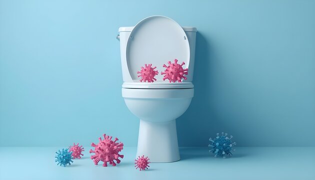 An illustration of a white toilet surrounded by pink and blue spiked virus models on a solid blue background.