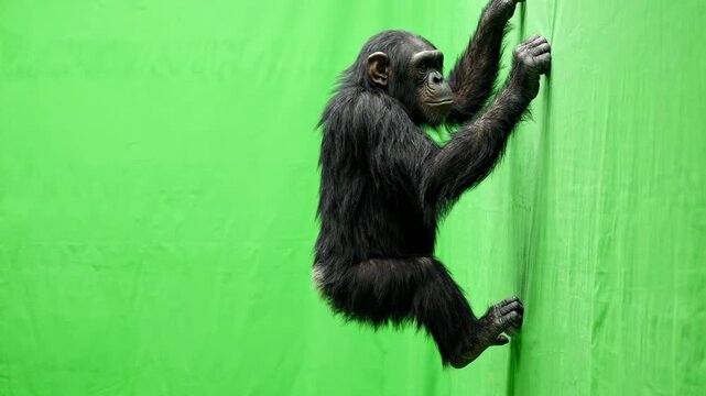 Realistic chimpanzee climbing an invisible wall with fluid primate movements isolated on a bright green screen background for compositing