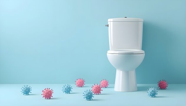 An illustration of a white toilet surrounded by pink and blue spiked virus models on a solid blue background.