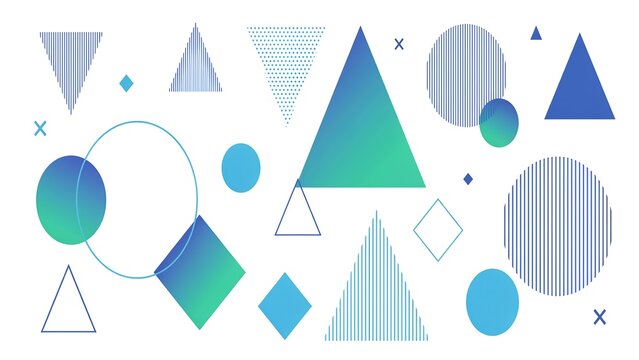 Abstract vibrant digital geometric background with triangles circles and diamonds in blue and teal gradients on white