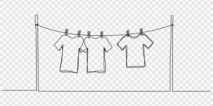 simple continuous line drawing of laundry drying on clothes line  line art vector illustration, transparent background, Laundry fashion wardrobe concept sketch drawing editable stroke vector illustra.