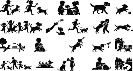 Obraz premium Happy Family and Kids Playing with Dog Black Silhouette Icons Set Representing Pet Care Activities and Outdoor Bonding