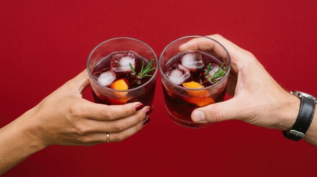 Top-down view of hands holding cocktail glasses filled Cheers to good times! Two chilled