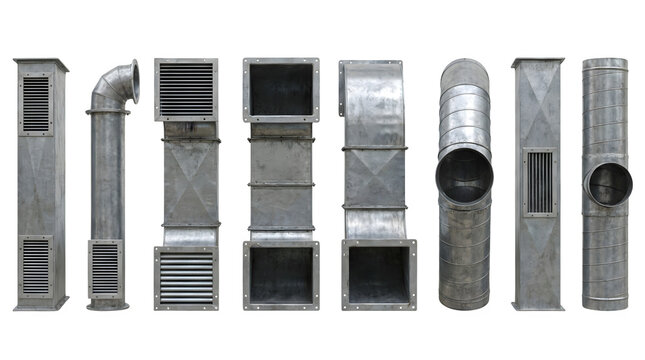 Industrial galvanized steel air ducts set, collection of 8 metallic HVAC ventilation pipes, silver metal ductwork components for climate control systems