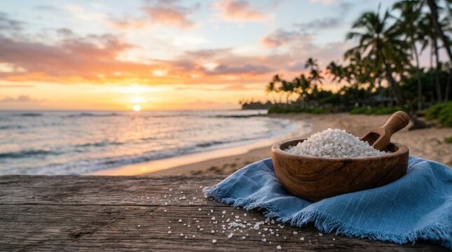 Tranquil Beach Vibes: Wooden Bowl of Sea Salt A coastal crystals, flanked