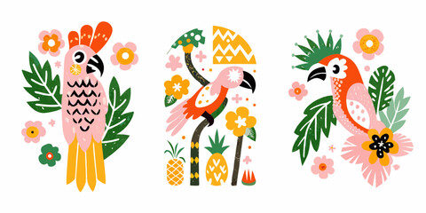 Tropical Parrots And Plants Colorful Vector Illustration © Amala