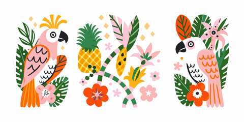 Parrots pineapples and tropical foliage vector illustration on white background © Amala