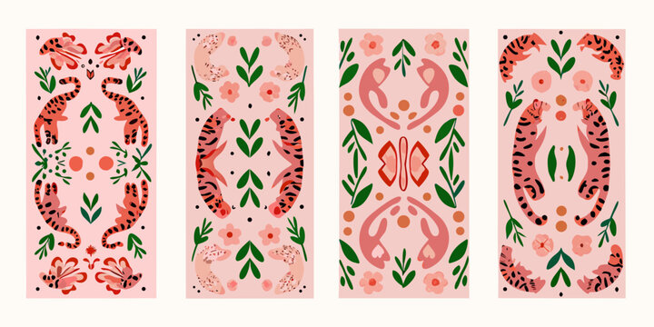 Floral ornament with tiger and leaf motifs vector illustration