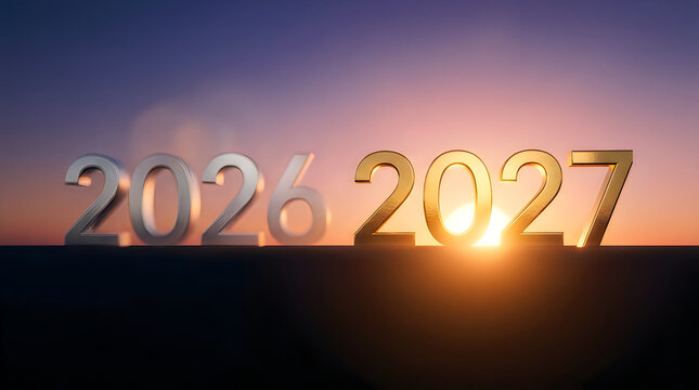 Golden 2027 numeral glowing at sunrise against a gradient sky symbolizing future success and progress