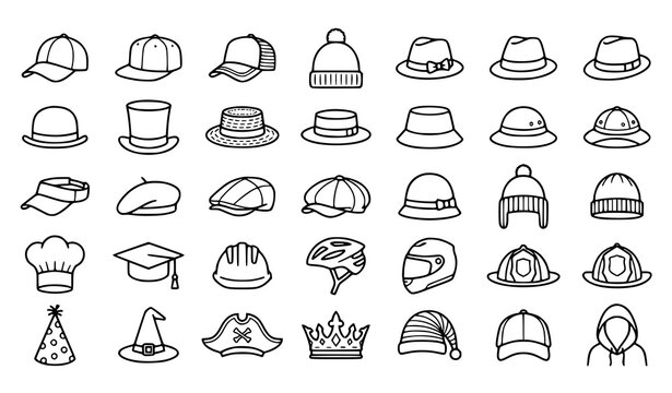 30 Modern Headwear Outline Icons Featuring Fashion Caps Classic Hats and Protective Helmets