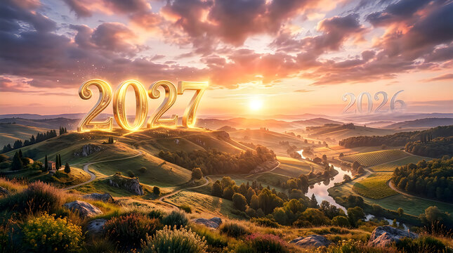 Golden 2027 numerals ascend over rolling hills at sunrise a new year's dawn concept