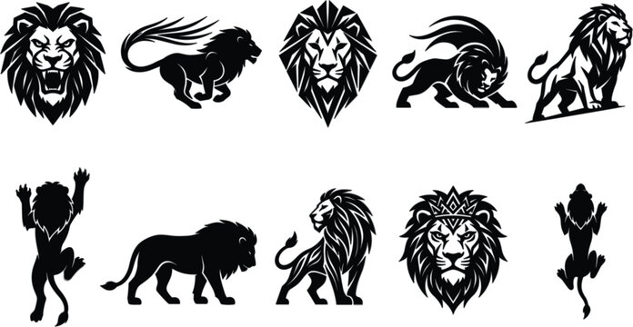 Set of majestic black lion vector silhouettes geometric head logos and active running poses isolated on white background for powerful esports mascot design elements
