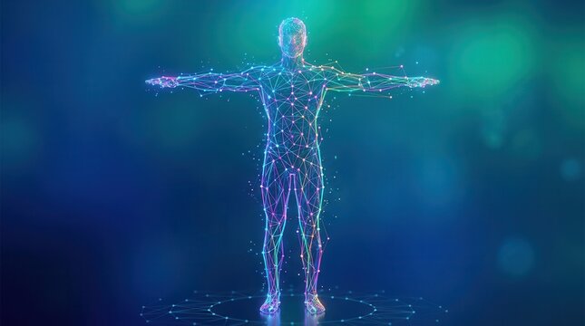 Vibrant 3D rendering of a human figure in Meridians: Energy Flow Channels Connecting Various Parts