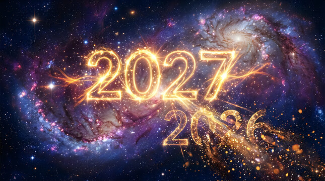 Golden glowing year 2027 number against a vibrant nebula and starfield with sparkling effects