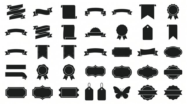 "Create a premium flat vector collection of decorative ribbon, banner, label, and badge silhouettes arranged in a clean 5&times;7 grid on a white or transparent background. The set should include a wide var
