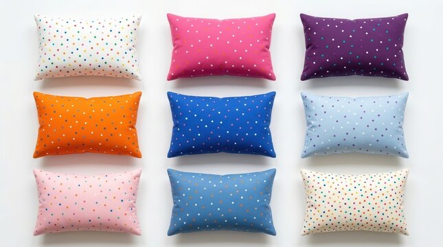 Vibrant Collection of Nine Colorful Rectangular Pillows on set apart a white background