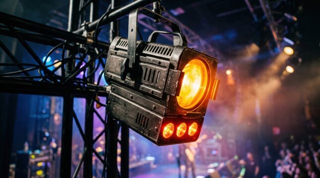 Vibrant close-up of metal stage light fixture with bright orange lights mounted