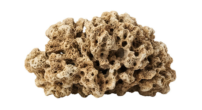 Natural porous coral reef rock skeleton with rough texture isolated on black background.