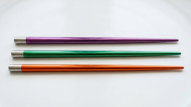 Vibrant Metal Chopsticks in Purple, Green, and Orange Rainbow-Hued Chopsticks: Shimmering Gradient Utensils for Stylish