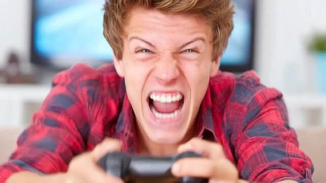 Teen gamer screams while playing at home with friends Generative AI