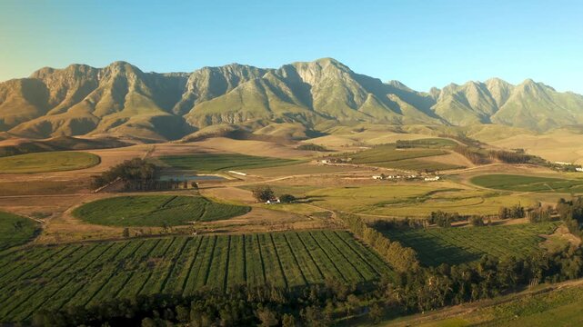 Agriculture fields showcase rows of crops arranged in diverse patterns beneath the imposing mountain peaks that dominate the horizon of this vast and productive rural countryside farm at golden hour.