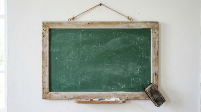 Vintage Green Chalkboard on White Wall with Weathered wooden frame and chalk
