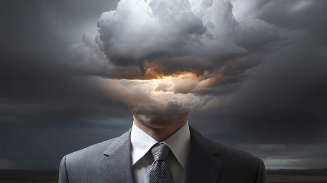 Storm cloud rotates slowly above person in dark suit Generative AI