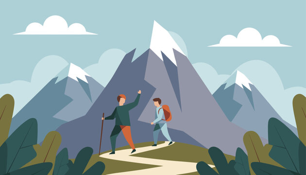 Two active hikers carrying backpacks walking along a winding path through a majestic snowy mountain range.