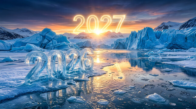 Ice numbers 2026 melting in a glacial landscape during a vibrant sunrise symbolizing time passing and change