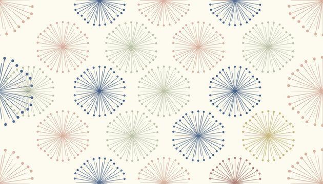 Abstract floral pattern featuring dandelion seed heads in pastel shades of blue green and pink on a cream background.