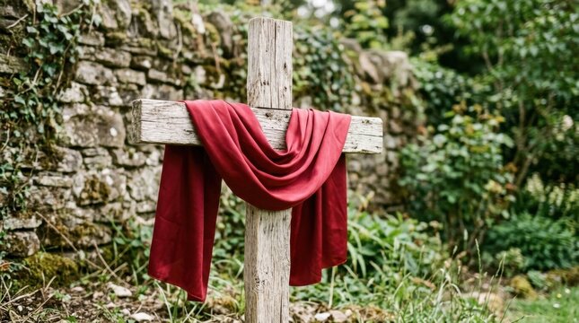 Wooden Cross with Red Silk Drapery in Cozy cloth draped over a weathered cross