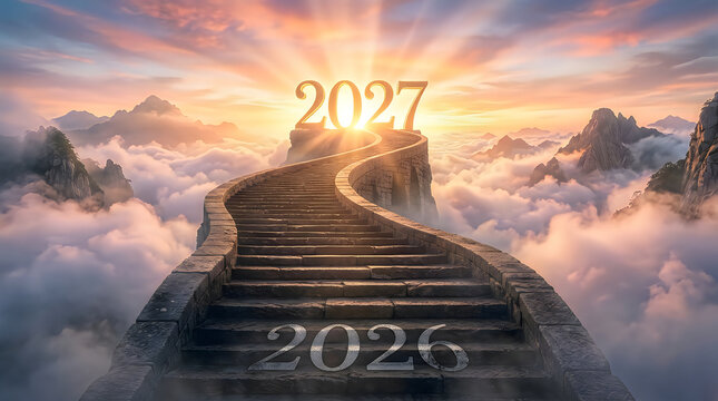 Stairway to 2027 in golden sunrise light over misty mountains symbolizing future progress and aspiration
