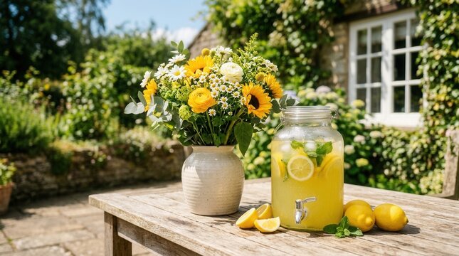 Wooden table with vase of yellow & white A cozy kitchen pitcher lemon