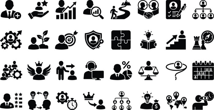 Minimalist corporate business coaching solid glyph icon set representing human resource management leadership career growth and teamwork strategy