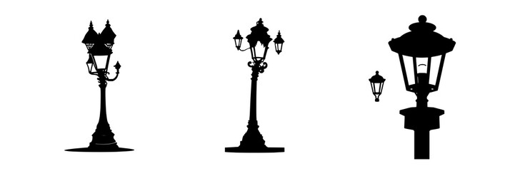 Obraz premium Victorian street lamp silhouette set with high contrast solid black design featuring old-fashioned urban symbol on white background