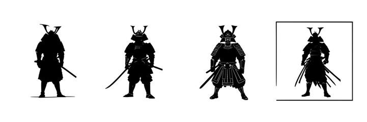 Fototapeta premium Samurai silhouette set with clean black outline of warrior in ceremonial armor featuring bushido theme with sharp edges and isolated on white
