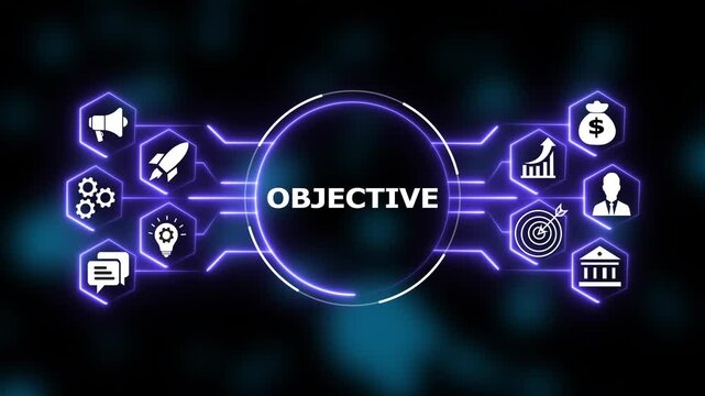 Business objective strategy concept with digital and glowing network infographic for corporate growth, marketing goals, and success planning