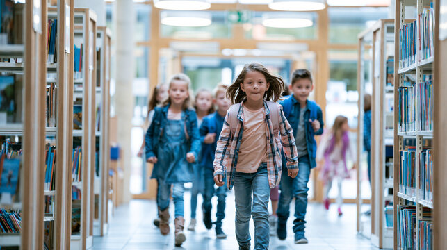Happy elementary students entering school library. Diverse children walking in book hall.