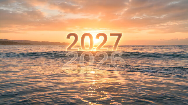 Year 2027 and 2026 superimposed on a serene ocean sunset symbolizing future and past in warm golden light