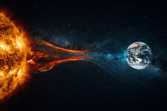 Solar wind interacting with Earth magnetic field in outer space concept.