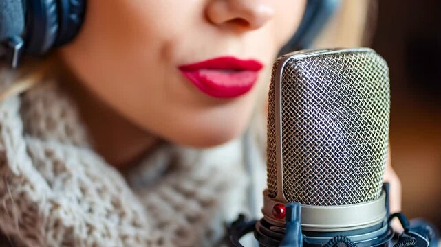 Voice actor recording in studio with microphone Generative AI