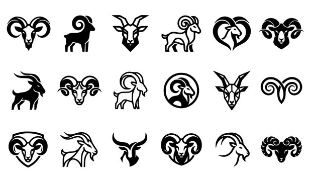 Goat and Ram Head Silhouette Logo Vector Set