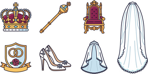 Royal wedding and princess accessories icon set vector illustration featuring crown scepter throne shield shoes and bridal veils © MSTSULTNA