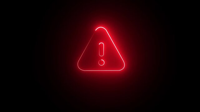 Neon scam warning sign animation with glowing red triangle and exclamation point for cyber security and fraud prevention . 4k video 