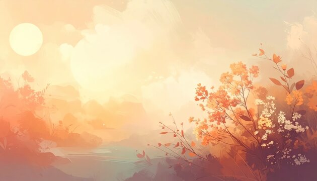 Sunset over landscape with tree.